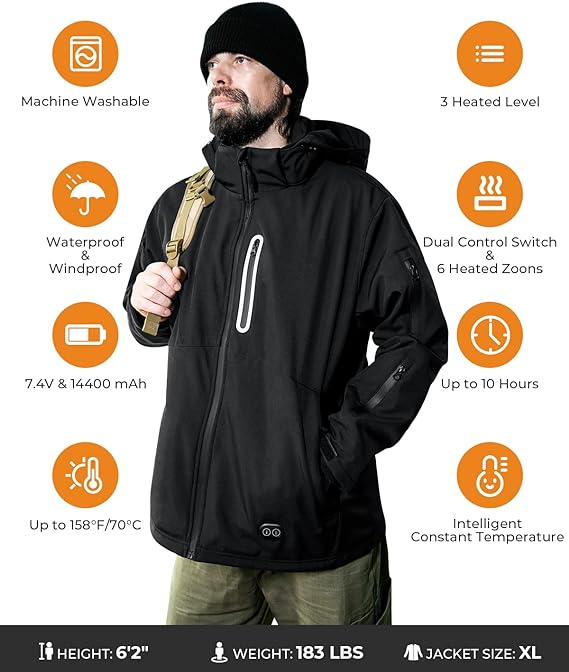 Manteau homme Veste chauffante avec batterie 7,4 V/14400 mAh, manteau d'hiver d'extérieur BCOTE
