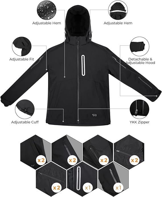 Manteau homme Veste chauffante avec batterie 7,4 V/14400 mAh, manteau d'hiver d'extérieur BCOTE