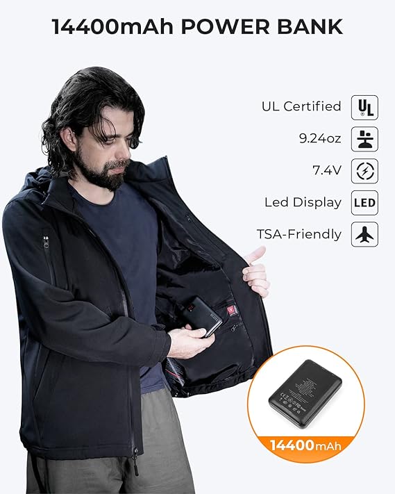 Manteau homme Veste chauffante avec batterie 7,4 V/14400 mAh, manteau d'hiver d'extérieur BCOTE