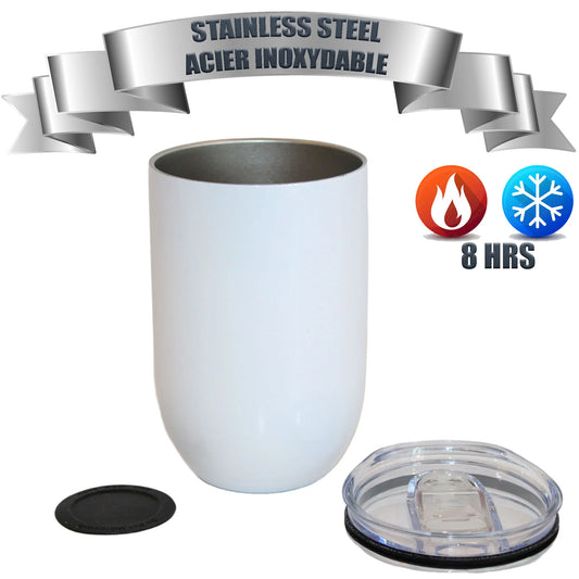 Gobelet à vin en acier inoxydable blanc 12 oz (double isolation chaud-froid 8 heures) pour sublimation - prix unitaire